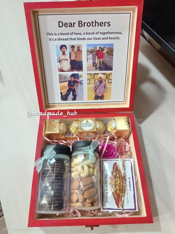 Personalized Rakhi Hamper for Brothers with Photo Message, Rakhis, Ferrero Rocher, Dry Fruits & Cookies