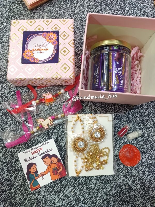 Bhai Bhabhi Rakhi Hamper with Kids Rakhi, Lumba Rakhi, Chocolates & Roli Chawal