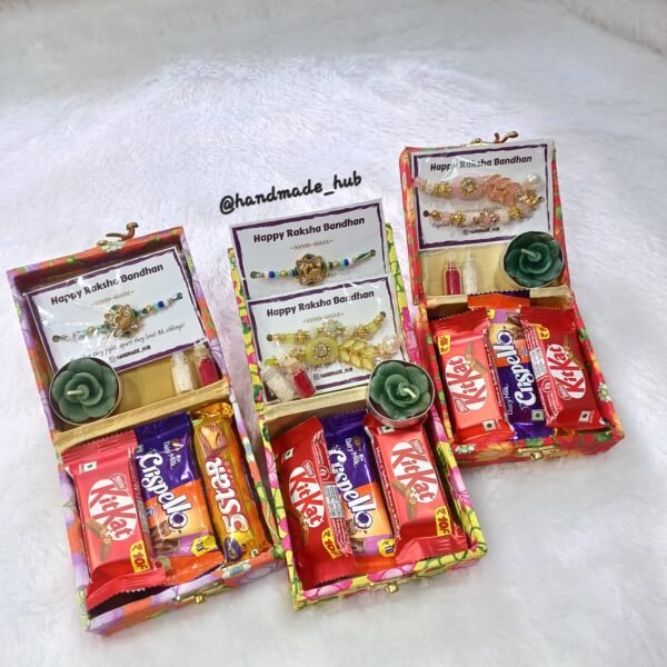 Bhai Bhaiya Bhabhi Rakhi Hamper with Chocolates, Designer Rakhi & Lumba Rakhi (Single box)