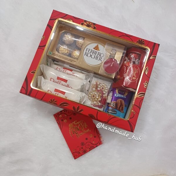 Premium Rakhi Hamper with Ferrero Rocher, Lindor, Raffaello, Silk Chocolate & Designer Rakhi