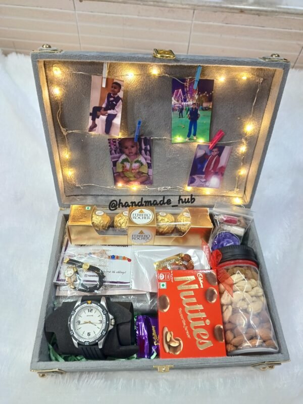 Luxury Personalized Rakhi Hamper for Brother with LED Photo Box, Watch, Wallet, Dry Fruits & Chocolates