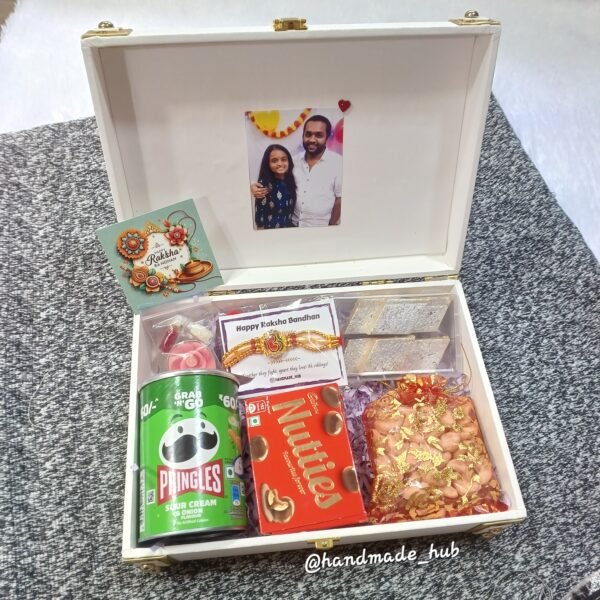 Personalized Rakhi Gift Hamper for Brother with Name Box, Photo, Rakhi, Chocolates, Dry Fruits & Snacks
