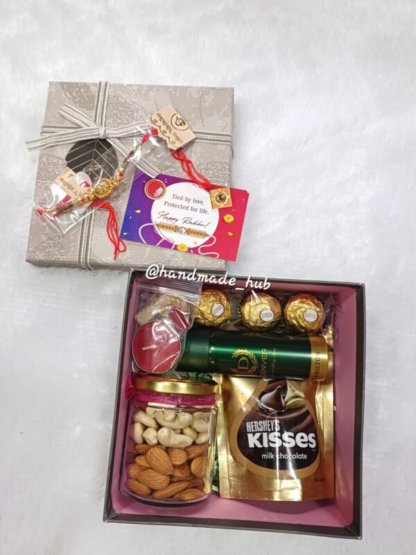 Premium Rakhi Hamper for Brother with Perfume, Ferrero Rocher, Dry Fruits & Hershey’s Kisses