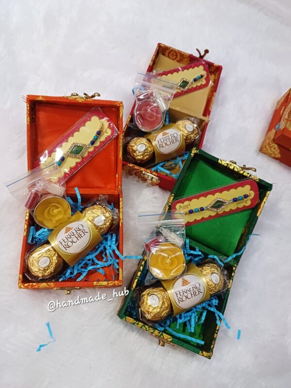 Mini Rakhi Hamper for Brother with Designer Rakhi, Ferrero Rocher & Candle (Single Box)