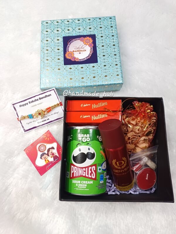Rakhi Gift Hamper for Brother with Perfume, Pringles, Chocolates, Dry Fruits & Rakhi