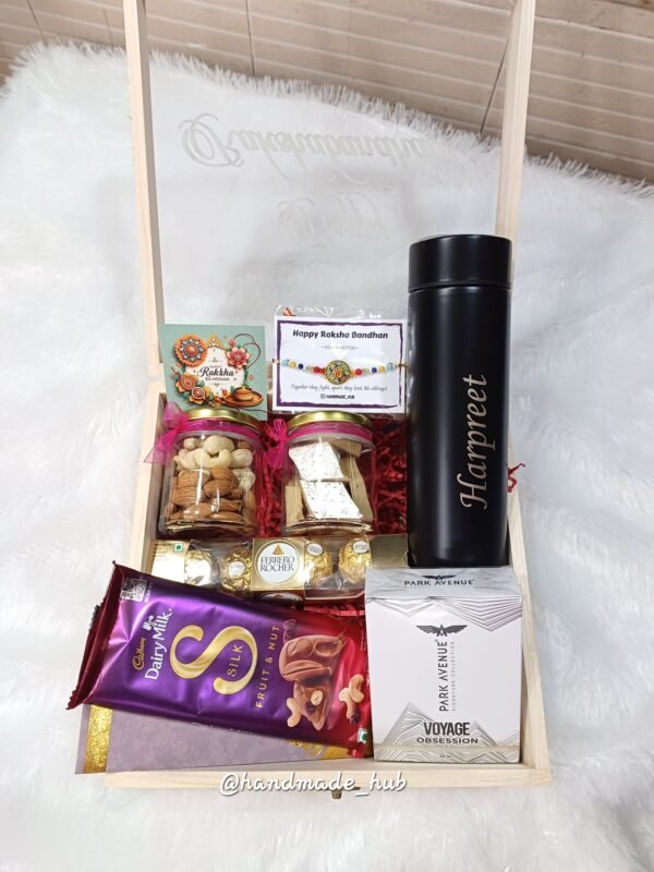 Premium Rakhi Gift Hamper for Brother with Personalized Bottle, Perfume, Chocolates, Kaju Katli & Dry Fruits