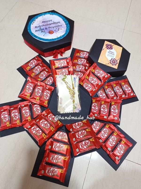 Personalized Rakhi Explosion Box with KitKat Chocolates & Designer Rakhi for Bhai & Bhabhi