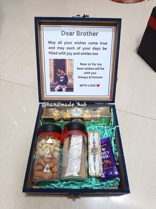 Personalized Rakhi Hamper for Brother with Photo Message, Dry Fruits, Kaju Katli & Chocolates