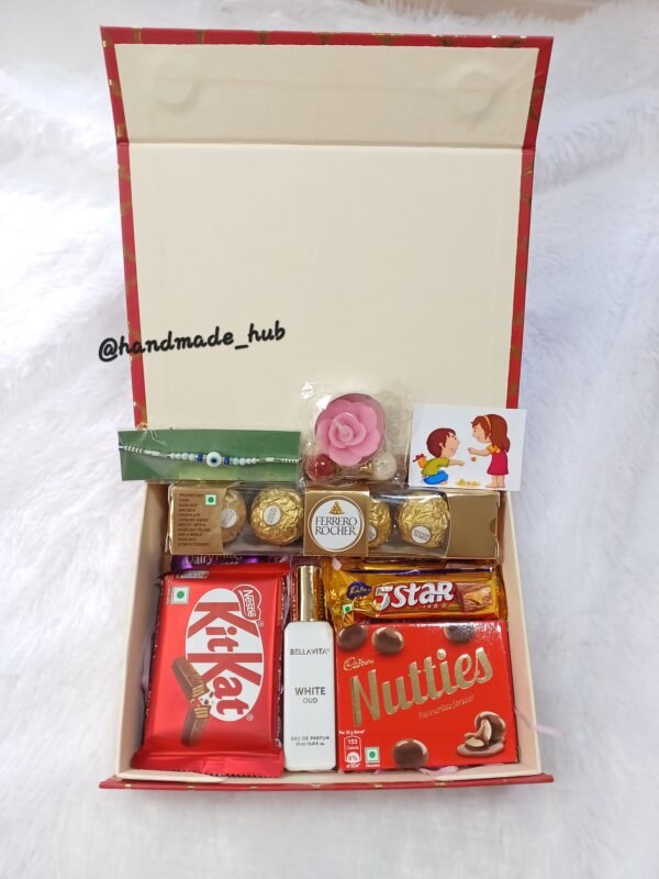 Premium Rakhi Hamper for Brother with Evil Eye Rakhi, Chocolates, Perfume & Candle