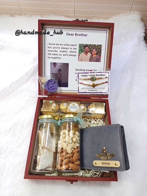 Personalized Rakhi Hamper for Brother with Name Wallet, Photo Message, Dry Fruits & Sweets