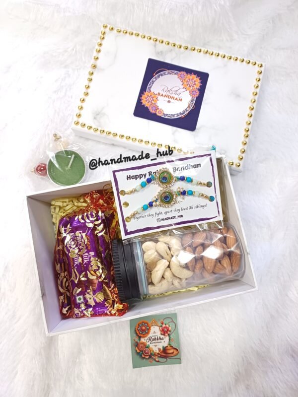 Rakhi Hamper for 2 Brothers with Peacock Rakhis, Dry Fruits, Chocolates & Candle