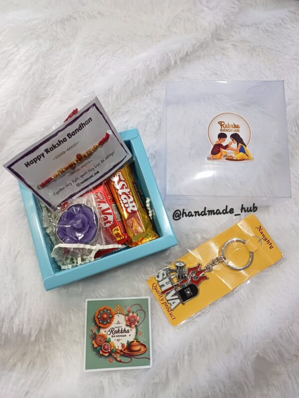 Mini Rakhi Hamper for Brother with Chocolates, Keychain, Rakhi & Candle