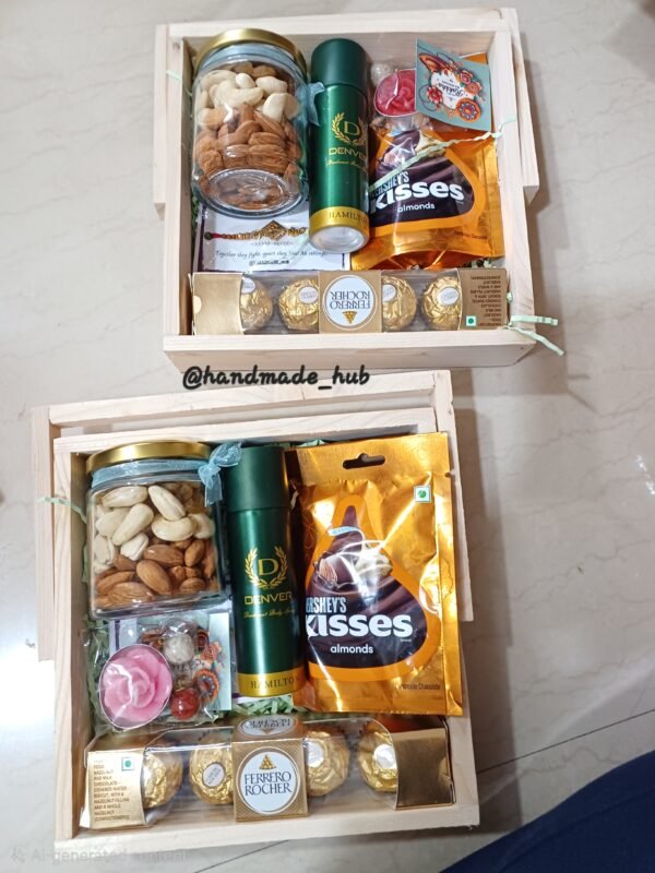 Premium Rakhi Hamper for Brother with Dry Fruits, Ferrero Rocher, Hershey’s Kisses & Perfume