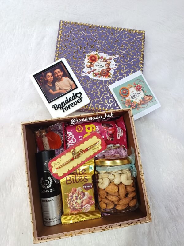 Personalized Rakhi Hamper for Brother with Photo Frame, Chocolates, Dry Fruits & Perfume